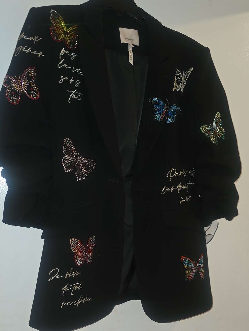 cinq a sept Black Blazer with Multicolor Rhinestone Butterflies